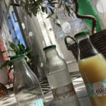 Bouteilles en verre de lessive et assouplissant devant un petit olivier